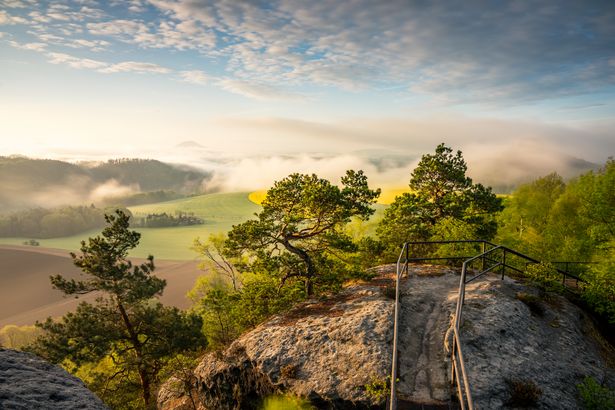View of a rock in Saxon Switzerland in the midst of trees, a valley and clouds